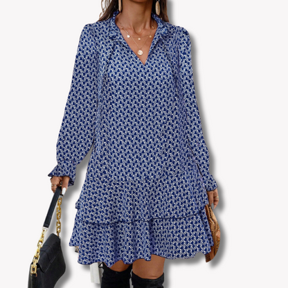 Damklänning A-linjeformad Midi med V-ringning i Bomullsblandning och Leopardmönster-6