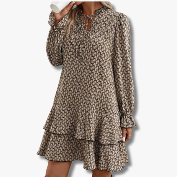 Damklänning A-linjeformad Midi med V-ringning i Bomullsblandning och Leopardmönster-2