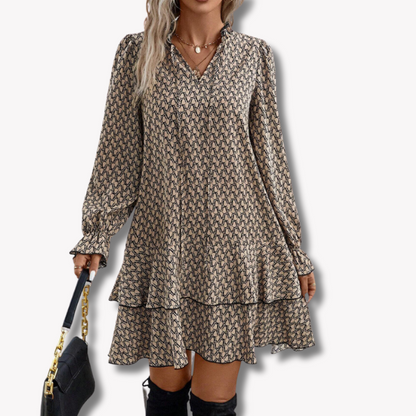 Damklänning A-linjeformad Midi med V-ringning i Bomullsblandning och Leopardmönster-1