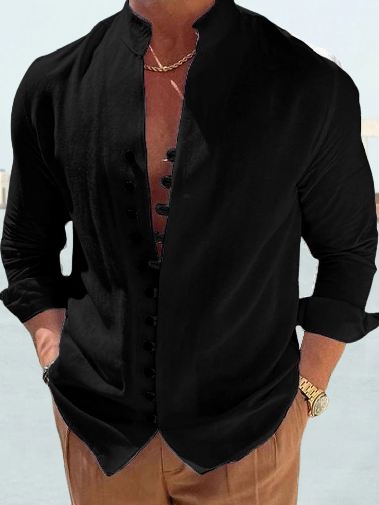 Herrskjorta Långärmad Stativ-upp Krage Högkvalitativ Bomull-3